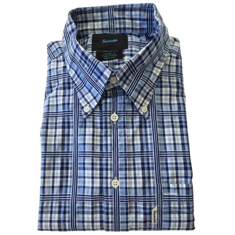 Façonnable Trend Plaid Shirt Men's L 100% Cotton Blue Check Button Down Casual